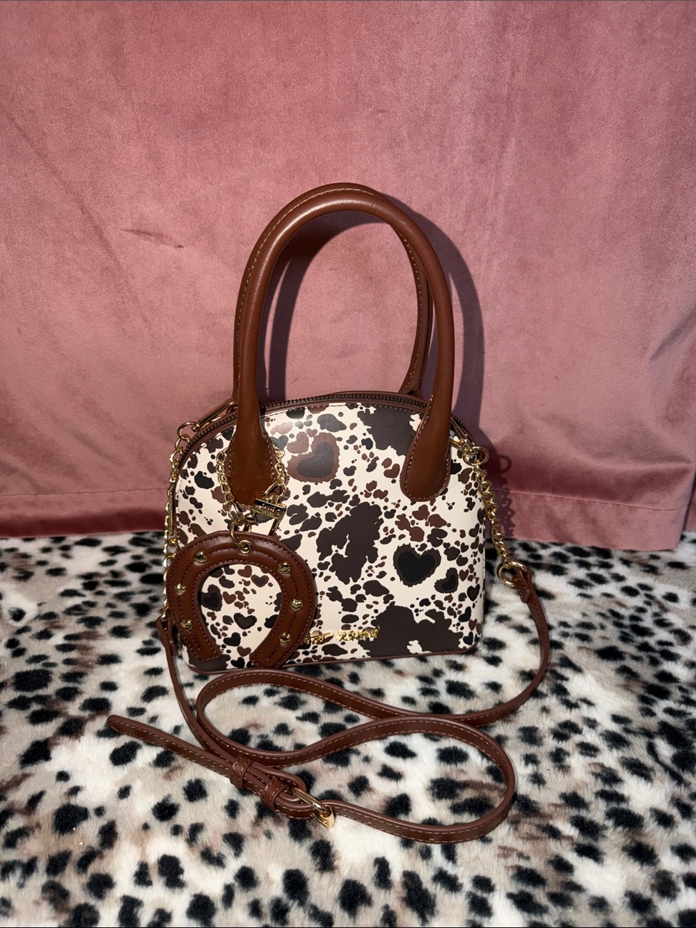 Betsey Johnson Brown and Cream Cow Print Mini Dome Satchel